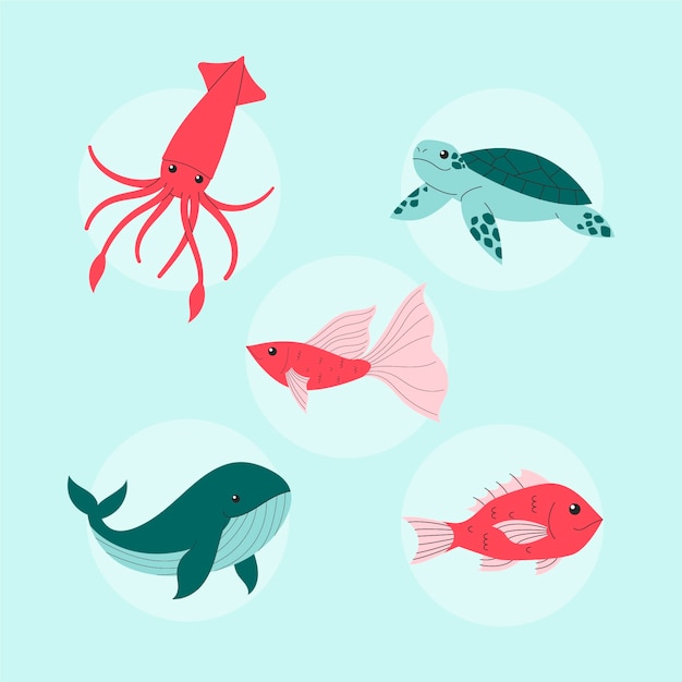 무료 벡터 손으로 그린 평면 디자인 바다 동물 컬렉션