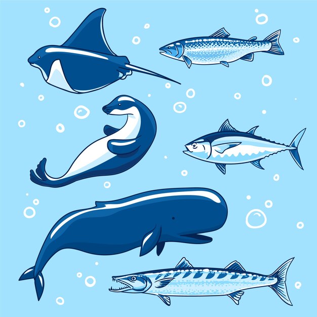 Hand drawn flat design sea animals collection