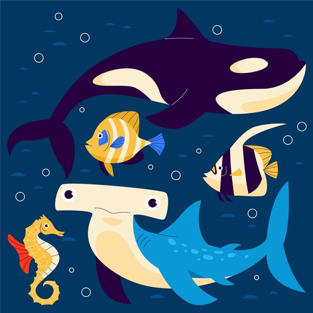 Hand drawn flat design sea animals collection