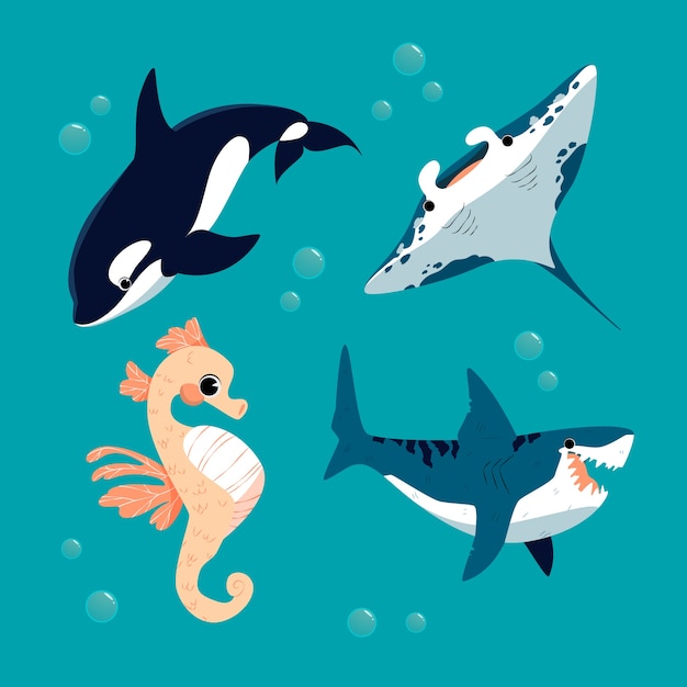 Free vector hand drawn flat design sea animals collection