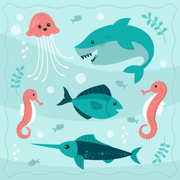 Hand drawn flat design sea animals collection