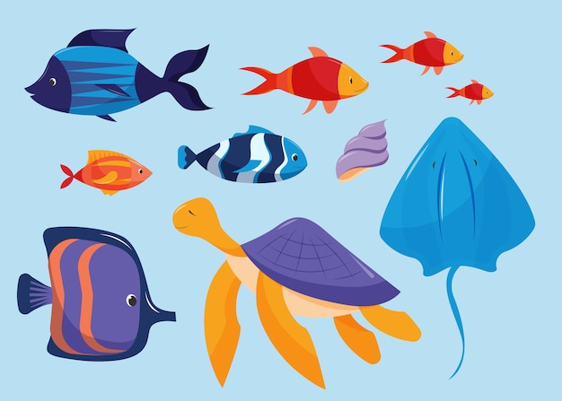 Hand drawn flat design sea animals collection