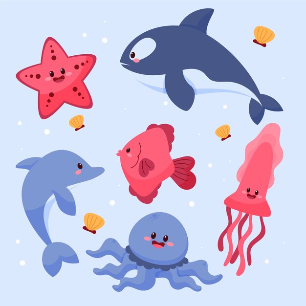 Free vector hand drawn flat design sea animals collection