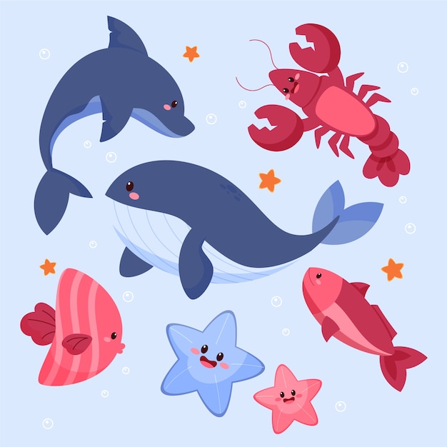 Hand drawn flat design sea animals collection