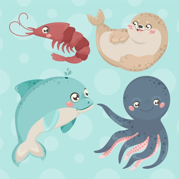 Hand drawn flat design sea animals collection