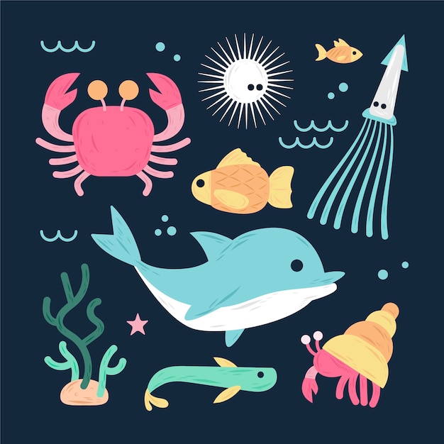 Бесплатное векторное изображение Ручной обращается плоский дизайн коллекции морских животных