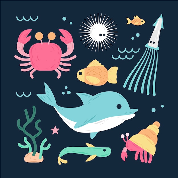 Hand drawn flat design sea animals collection