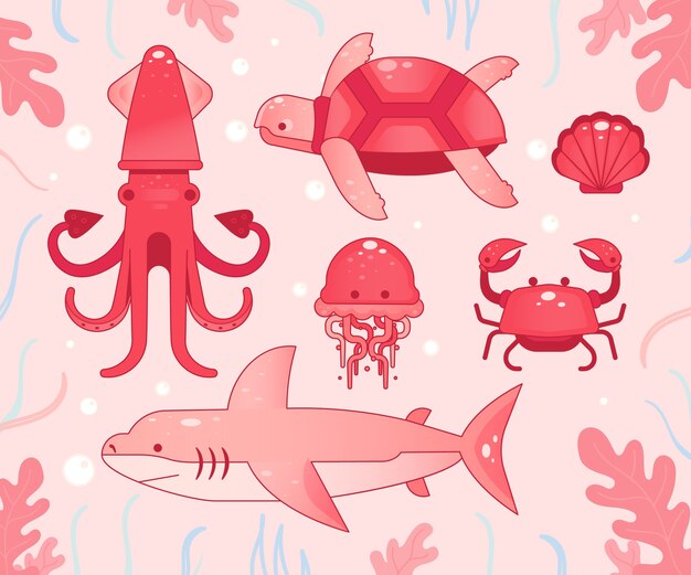 Hand drawn flat design sea animals collection