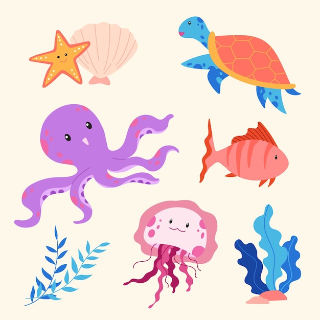 Free vector hand drawn flat design sea animals collection