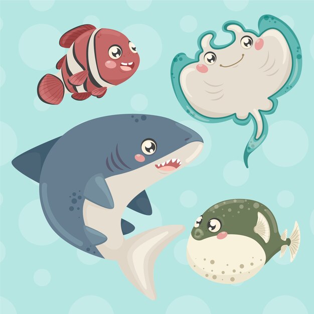 Hand drawn flat design sea animals collection