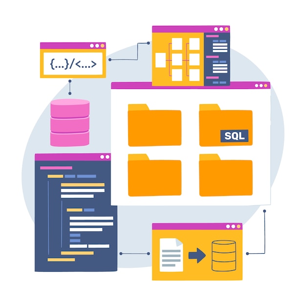 Illustrazione di sql design piatto disegnato a mano