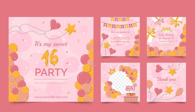 Hand drawn flat design sweet 16 template