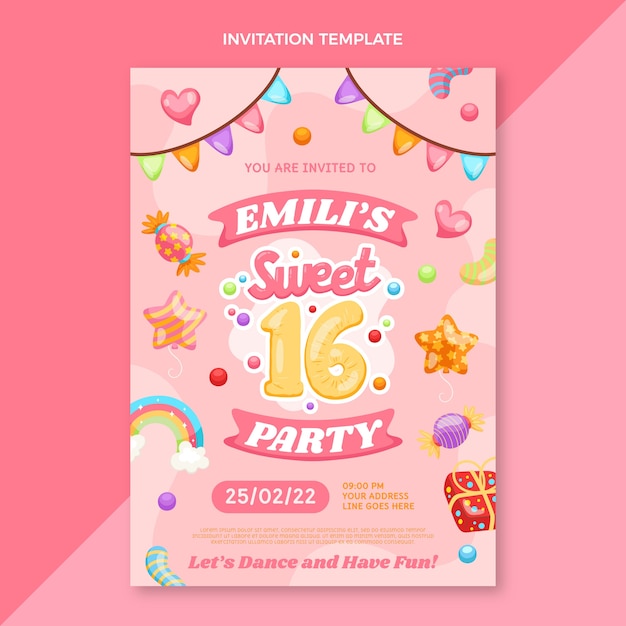 Free vector hand drawn flat design sweet 16 template