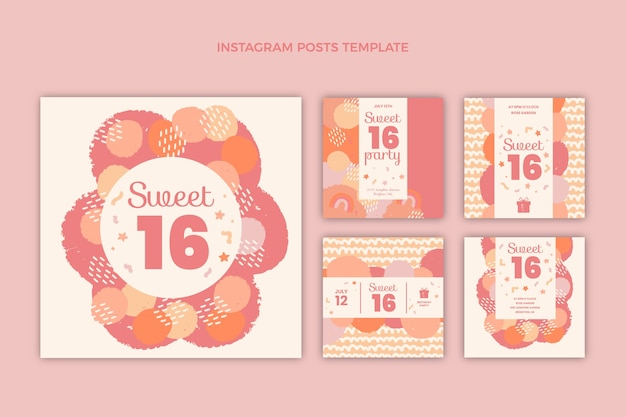 Hand drawn flat design sweet 16 template