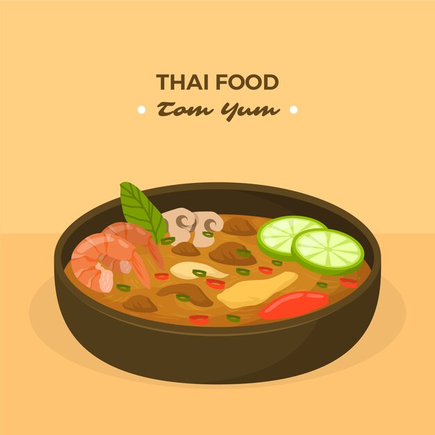 Нарисованная рукой иллюстрация тайской еды плоского дизайна