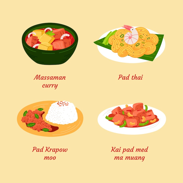 무료 Vector 손으로 그린 평면 디자인 태국 음식 그림