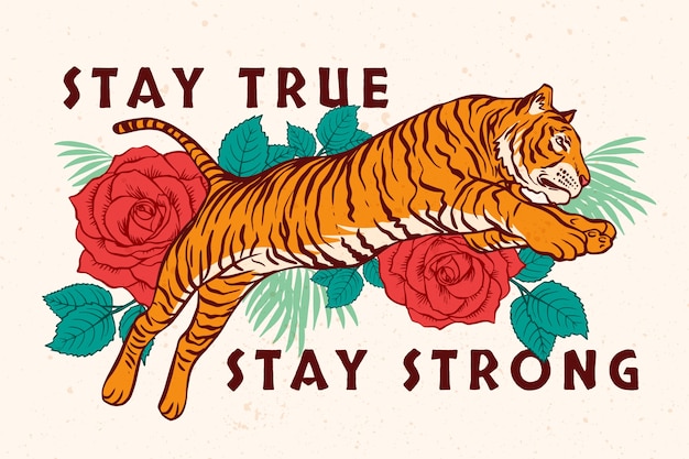 Hand drawn flat design tiger with lettering background