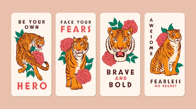 Hand drawn flat design tiger with lettering instagram story