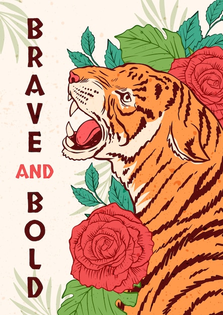 Tigre dal design piatto disegnato a mano con poster di lettere