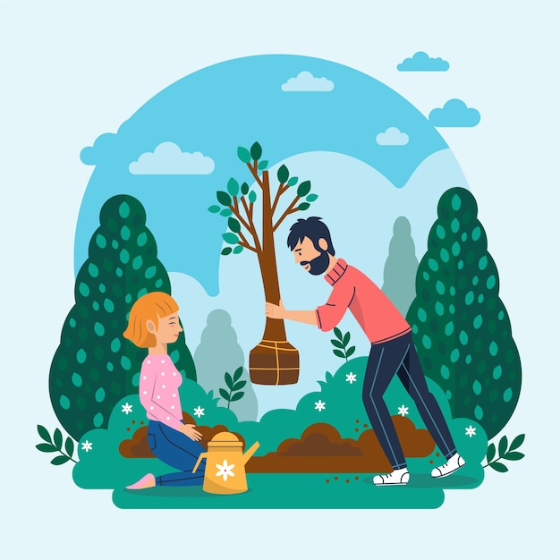 Hand drawn flat design tree planting illustration