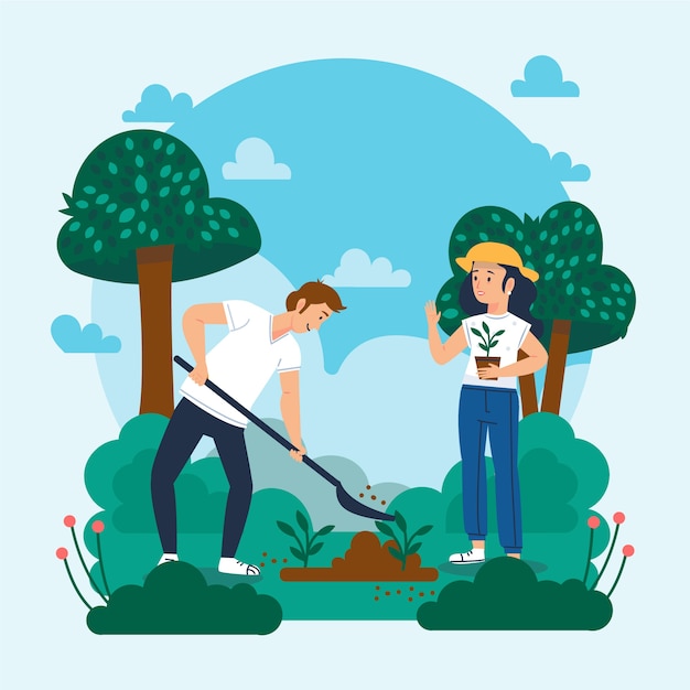 Hand drawn flat design tree planting illustration