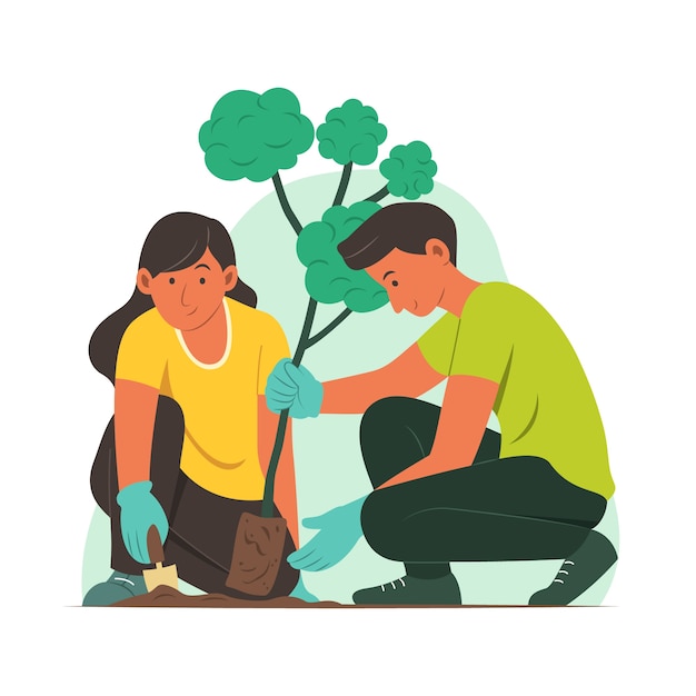 Hand drawn flat design tree planting illustration