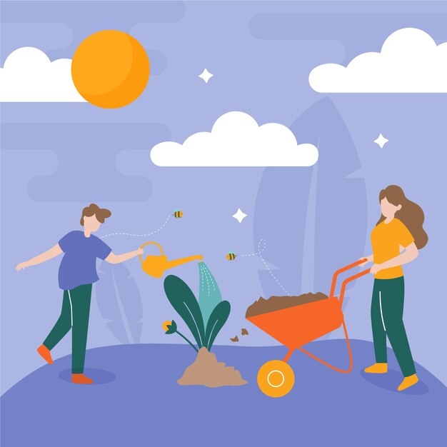 hand drawn flat design tree planting illustration