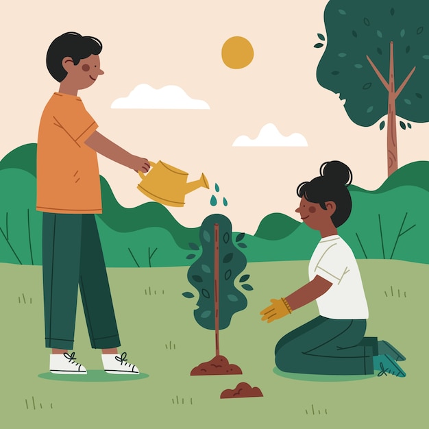 Hand drawn flat design tree planting illustration