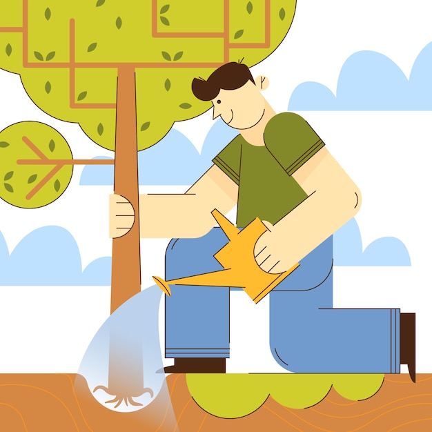 Hand drawn flat design tree planting illustration