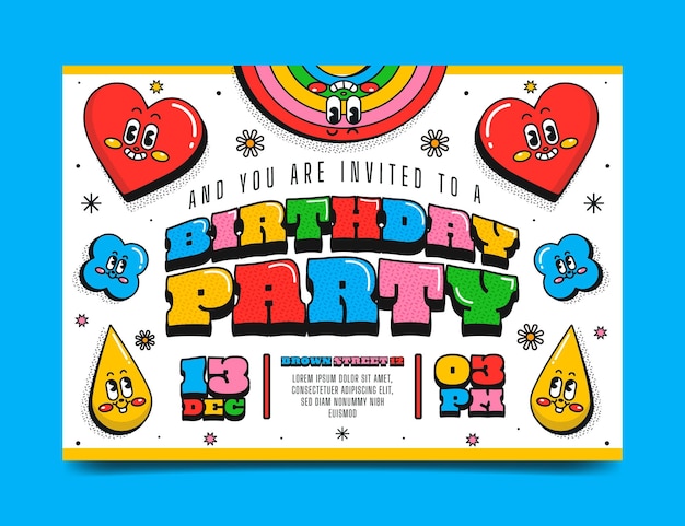 Free vector hand drawn flat design trendy cartoon birthday invitation