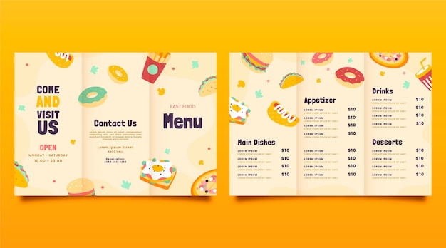 Menu a tre ante dal design piatto disegnato a mano