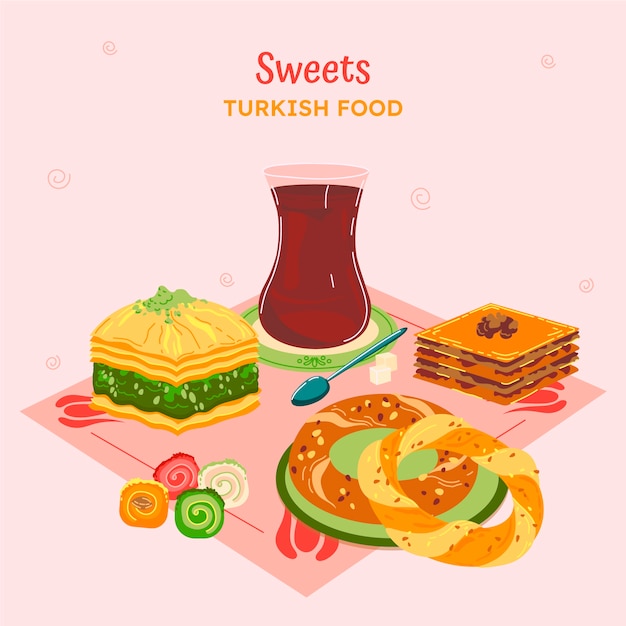 Ручной обращается плоский дизайн иллюстрации турецкой кухни