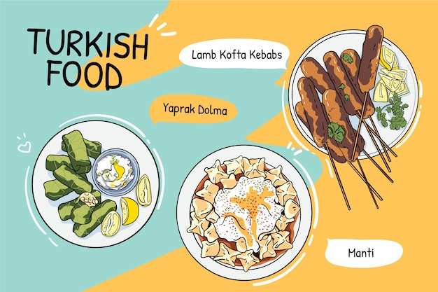 手描きのフラットなデザインのトルコ料理