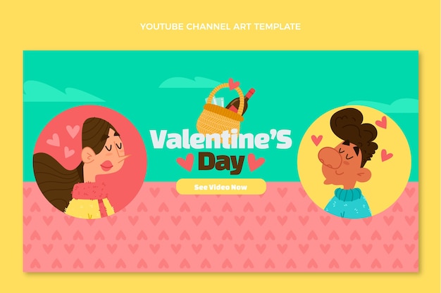 Vettore gratuito arte del canale youtube di san valentino di design piatto disegnato a mano