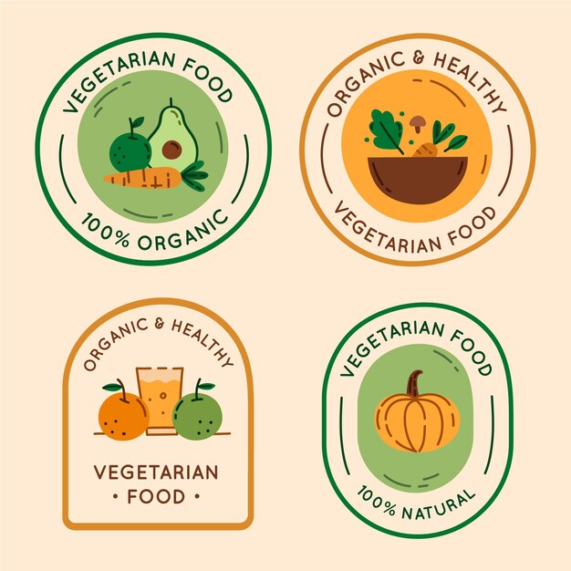 Distintivi vegetariani di design piatto disegnati a mano