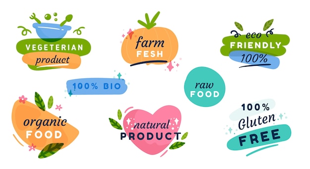 Hand drawn flat design vegetarian food badges and labels