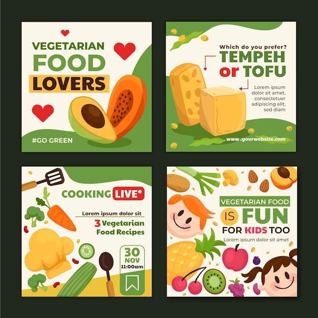 Hand drawn flat design vegetarian food instagram posts