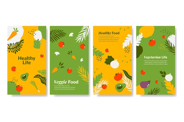 Free vector hand drawn flat design vegetarian food instagram stories