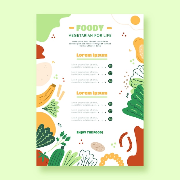 Menu vegetariano design piatto disegnato a mano