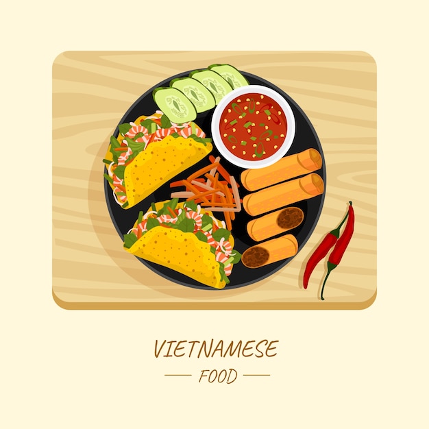 무료 벡터 손으로 그린 평면 디자인 베트남 음식 그림