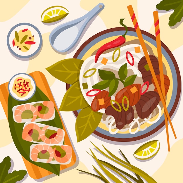 손으로 그린 평면 디자인 베트남 음식 그림