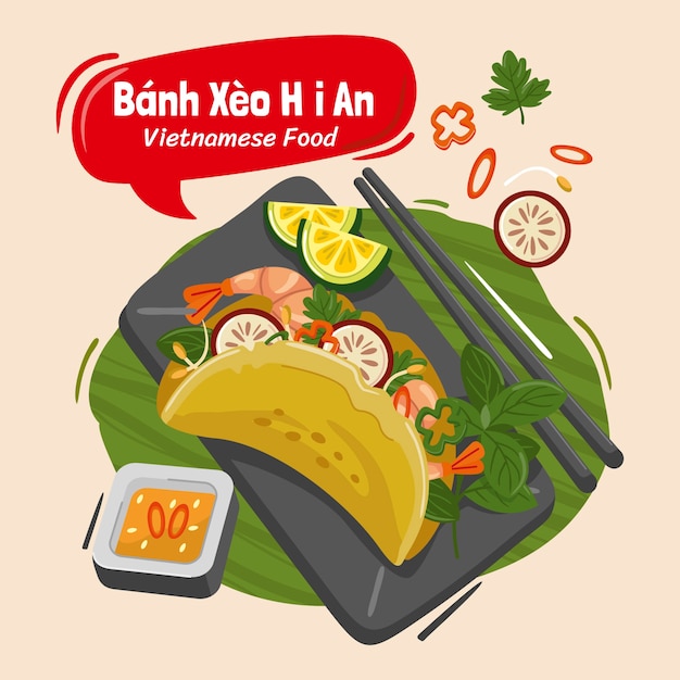 Illustrazione di cibo vietnamita design piatto disegnato a mano