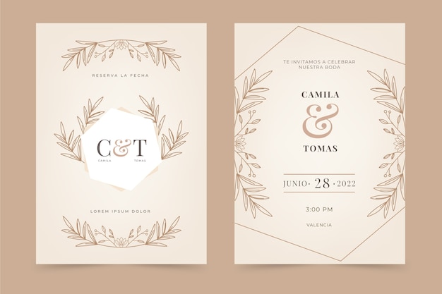 スペイン語で手描きのフラットデザインの結婚式の招待状