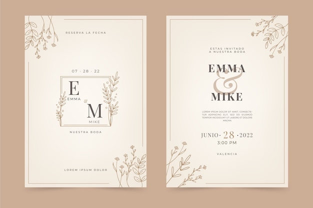 スペイン語で手描きのフラットデザインの結婚式の招待状