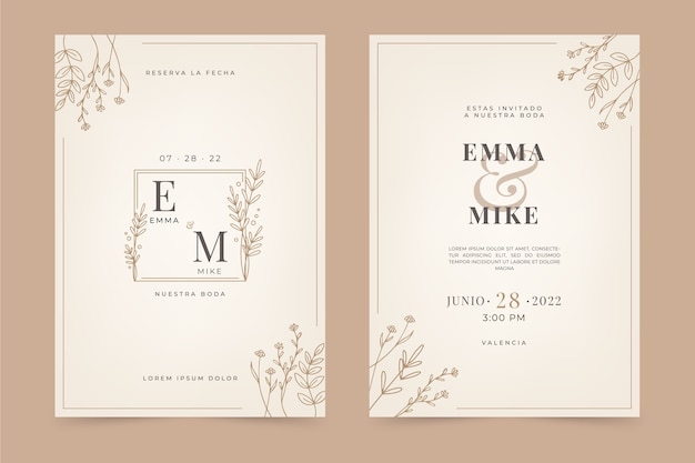 Free vector hand drawn flat design wedding invitations in spanish