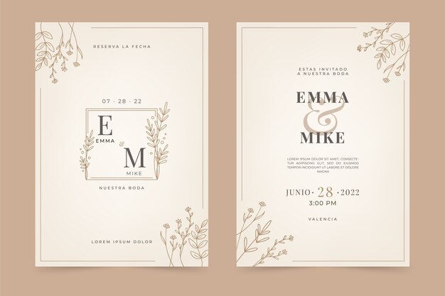 スペイン語で手描きのフラットデザインの結婚式の招待状
