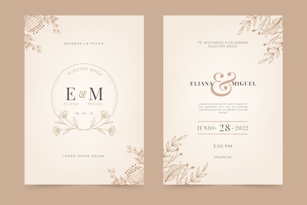 スペイン語で手描きのフラットデザインの結婚式の招待状