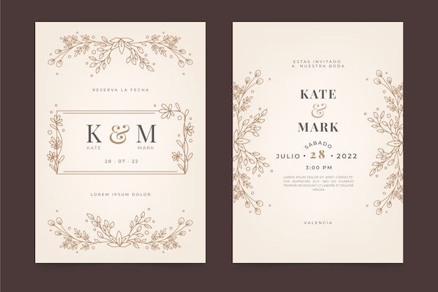 Hand drawn flat design wedding invitations in spanish