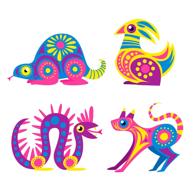 Free vector hand drawn flat dia de muertos alebrijes collection