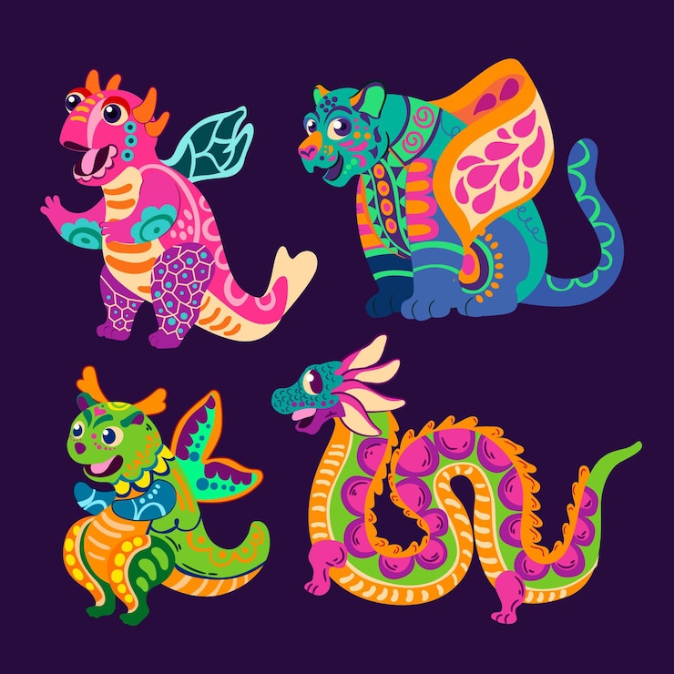 무료 Vector 손으로 그린 플랫 디아 드 muertos alebrijes 컬렉션